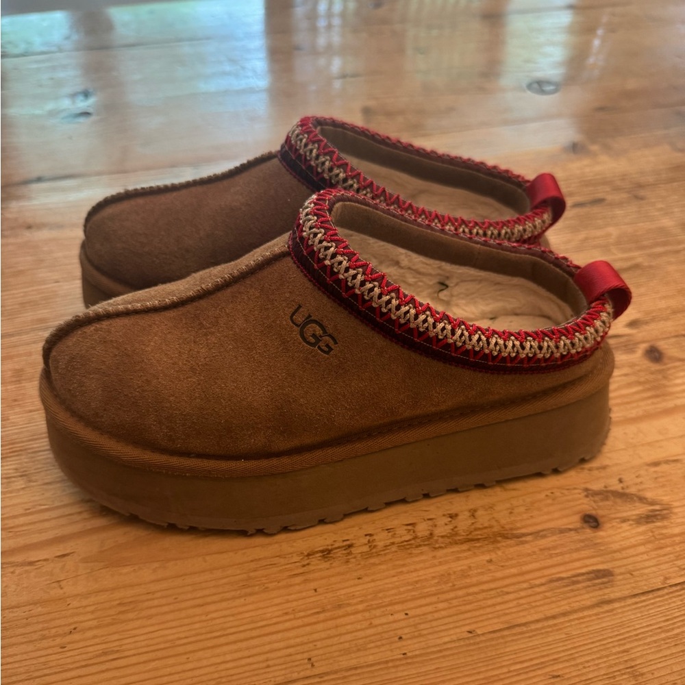 UGG Tan Suede Slip-Ons with Red Trim